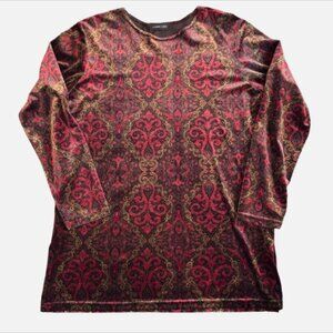 Linda Leal Velvet Tunic Top Paisley Red Gold Print Long Sleeve Women's (Size L)